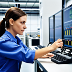 **"Female leader in a modern electronics factory, implementing visual management, reducing machine downtime, collaborative team environment, data analysis, Lean Manufacturing."**