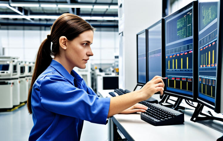 **"Female leader in a modern electronics factory, implementing visual management, reducing machine downtime, collaborative team environment, data analysis, Lean Manufacturing."**