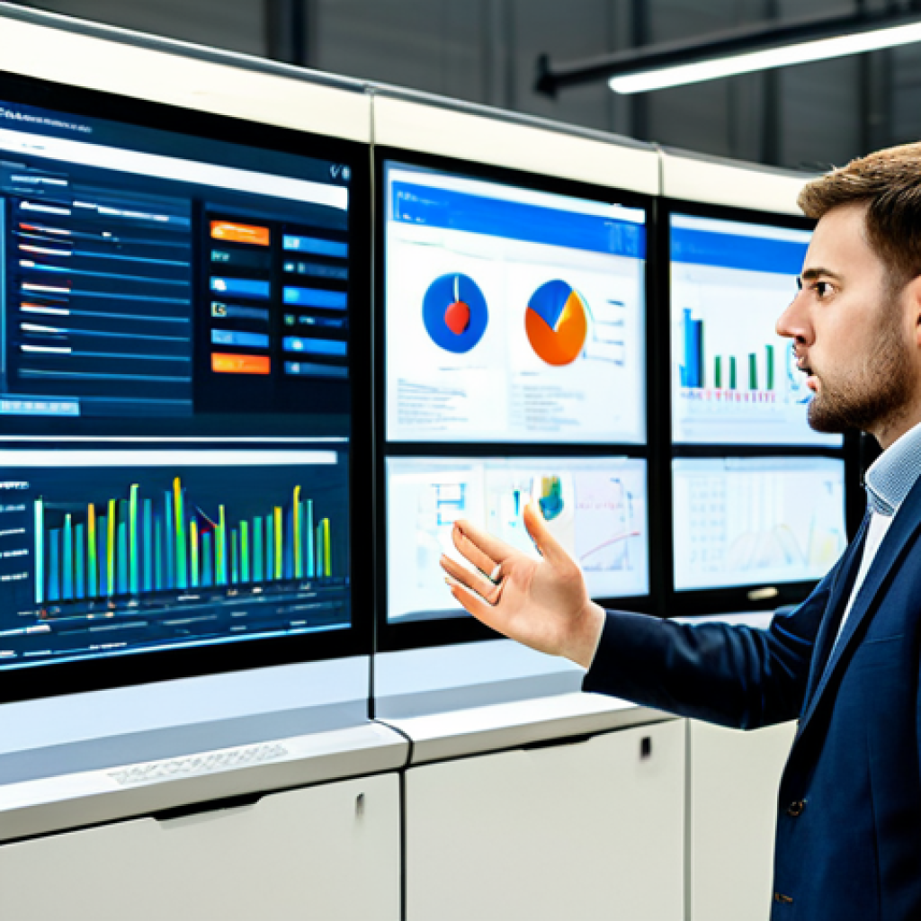 A professional production manager, fully clothed in modest business casual attire, stands in a modern, well-lit factory control room. The manager is thoughtfully observing multiple large screens displaying real-time data visualizations and an ERP dashboard, gesturing towards a screen with one hand, in a natural pose. The background shows glimpses of a clean, organized production line. perfect anatomy, correct proportions, well-formed hands, proper finger count, natural body proportions, professional photography, high resolution, detailed, safe for work, appropriate content, fully clothed, professional.