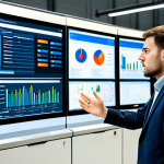 A professional production manager, fully clothed in modest business casual attire, stands in a modern, well-lit factory control room. The manager is thoughtfully observing multiple large screens displaying real-time data visualizations and an ERP dashboard, gesturing towards a screen with one hand, in a natural pose. The background shows glimpses of a clean, organized production line. perfect anatomy, correct proportions, well-formed hands, proper finger count, natural body proportions, professional photography, high resolution, detailed, safe for work, appropriate content, fully clothed, professional.