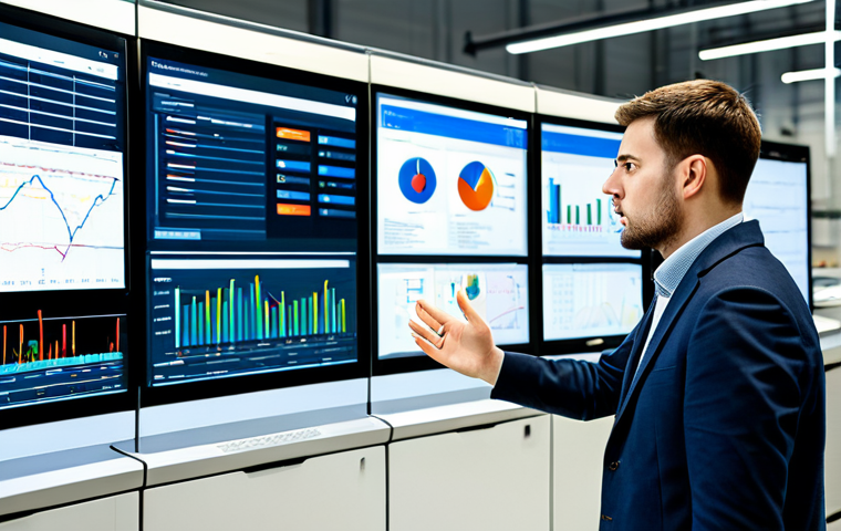 A professional production manager, fully clothed in modest business casual attire, stands in a modern, well-lit factory control room. The manager is thoughtfully observing multiple large screens displaying real-time data visualizations and an ERP dashboard, gesturing towards a screen with one hand, in a natural pose. The background shows glimpses of a clean, organized production line. perfect anatomy, correct proportions, well-formed hands, proper finger count, natural body proportions, professional photography, high resolution, detailed, safe for work, appropriate content, fully clothed, professional.