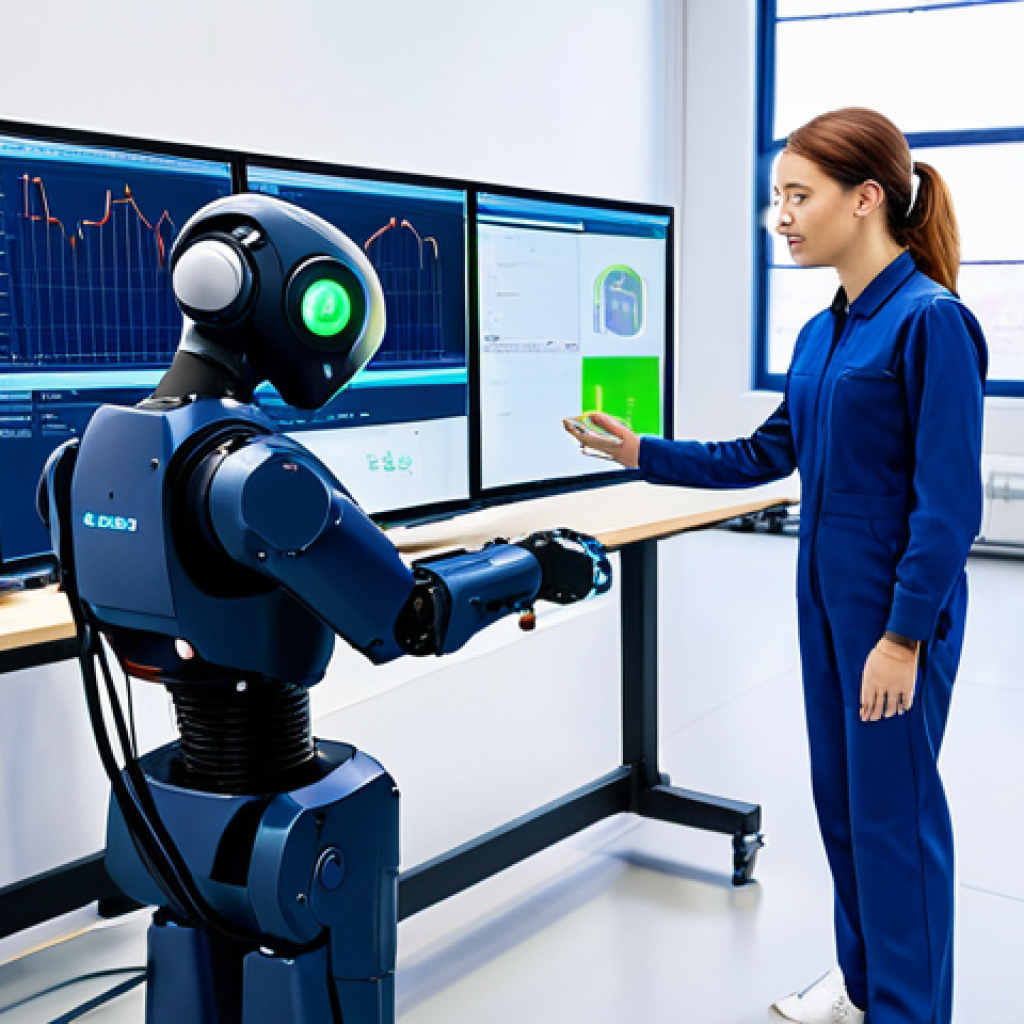 A professional female production manager, fully clothed in a modest, dark blue industrial suit, stands confidently on a modern, brightly lit smart factory floor. She is observing a collaborative robot (cobot) working alongside a human technician in the background, demonstrating seamless human-machine collaboration. A large digital display screen in the foreground shows real-time production data and AI-driven analytics with vibrant graphs. The environment is clean, orderly, and futuristic, with visible IoT sensors on machinery. Perfect anatomy, correct proportions, natural pose, well-formed hands, proper finger count, natural body proportions. High-resolution, professional studio photography, well-lit, sharp focus, vibrant colors, safe for work, appropriate content, fully clothed, family-friendly, professional dress.