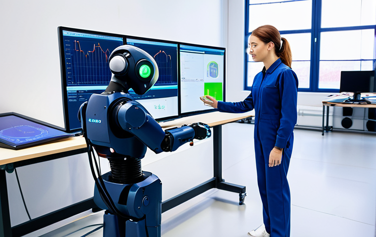 A professional female production manager, fully clothed in a modest, dark blue industrial suit, stands confidently on a modern, brightly lit smart factory floor. She is observing a collaborative robot (cobot) working alongside a human technician in the background, demonstrating seamless human-machine collaboration. A large digital display screen in the foreground shows real-time production data and AI-driven analytics with vibrant graphs. The environment is clean, orderly, and futuristic, with visible IoT sensors on machinery. Perfect anatomy, correct proportions, natural pose, well-formed hands, proper finger count, natural body proportions. High-resolution, professional studio photography, well-lit, sharp focus, vibrant colors, safe for work, appropriate content, fully clothed, family-friendly, professional dress.