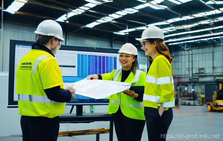 생산관리 KPI 설정 방법 - **Prompt:** A focused scene inside a high-tech control room of a modern manufacturing plant. A skill...