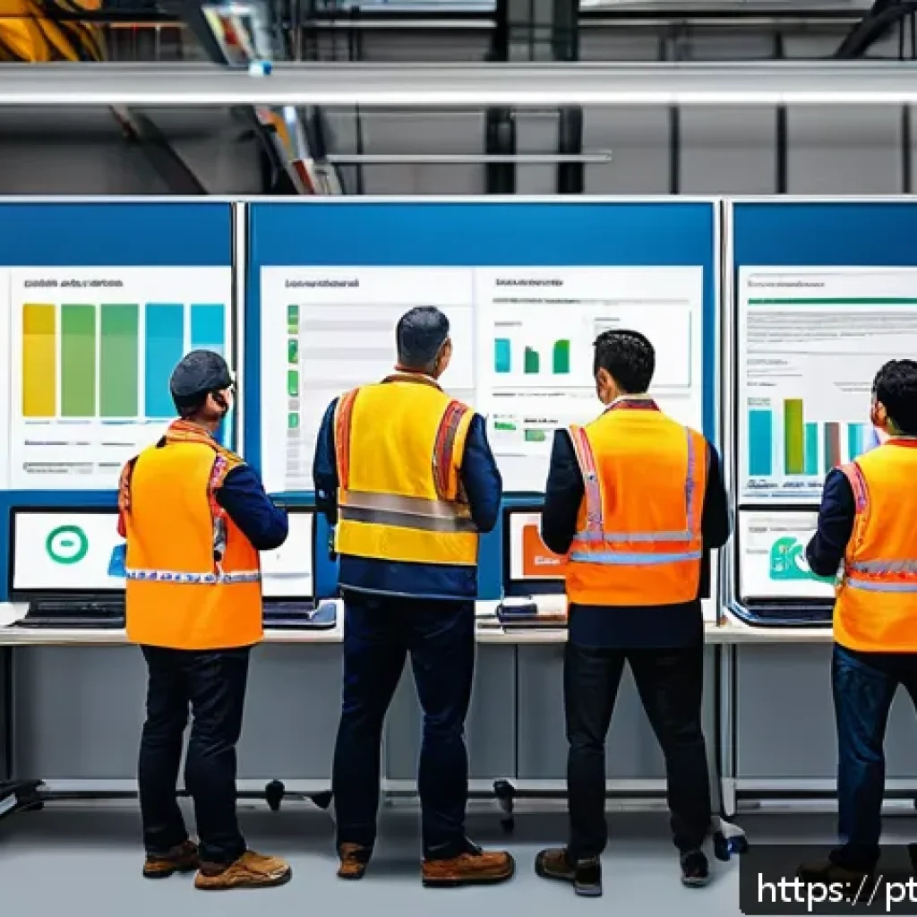 생산관리자 블로그 성공 사례 - A modern industrial production floor with diverse team members engaged in a Scrum daily stand-up mee...