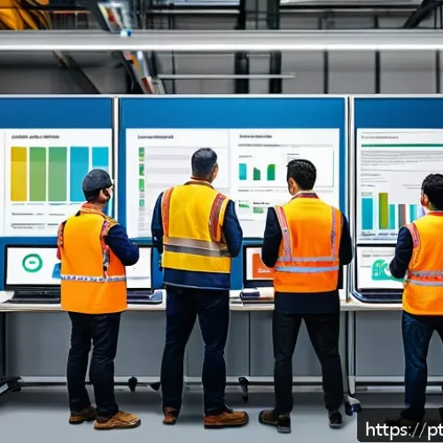 생산관리자 블로그 성공 사례 - A modern industrial production floor with diverse team members engaged in a Scrum daily stand-up mee...