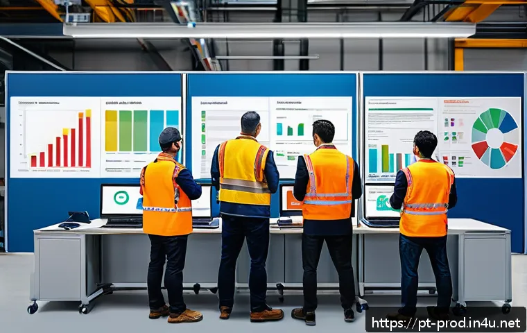 생산관리자 블로그 성공 사례 - A modern industrial production floor with diverse team members engaged in a Scrum daily stand-up mee...