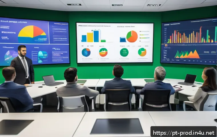 생산성과 분석과 보고서 작성 방법 - A professional office setting showing a diverse team of Brazilian business analysts gathered around ...